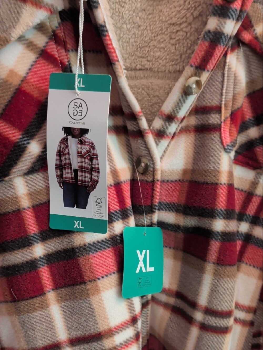 Plaid Hooded Jean Jacket in Cream, Red & Brown - Picture 7 of 7